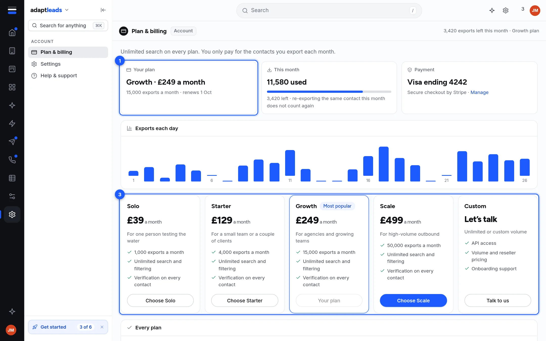 Plan and billing page with plan cards