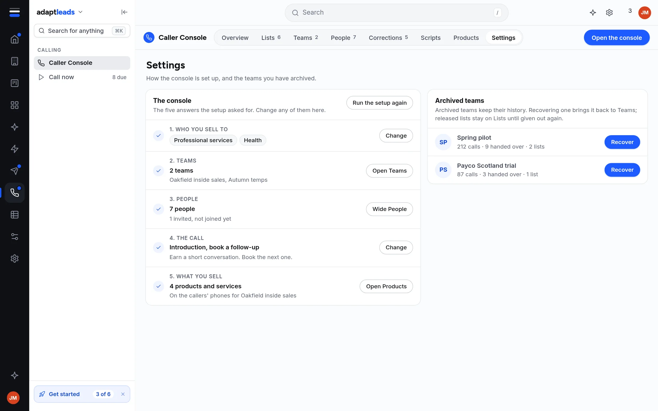 The Settings tab with the five set-up answers