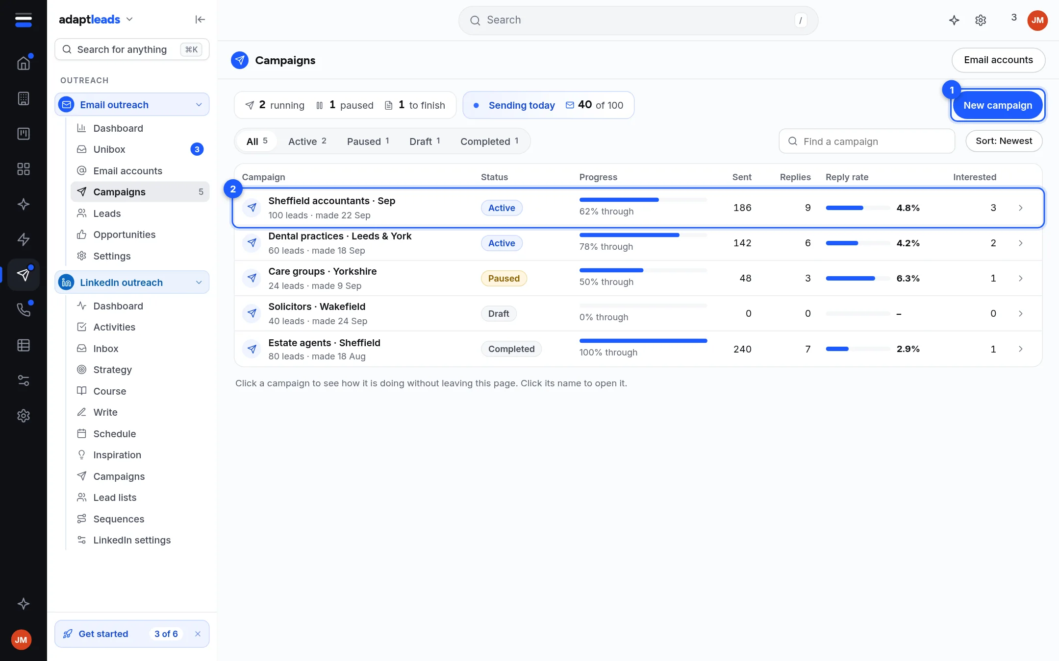 The Campaigns page listing five sample campaigns
