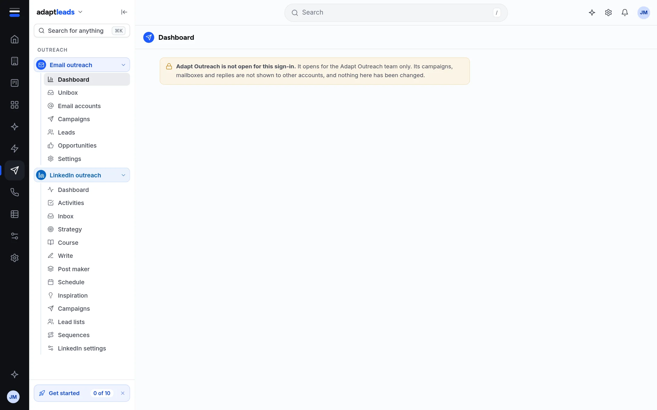 The message a new account sees: Adapt Outreach is not open for this sign-in