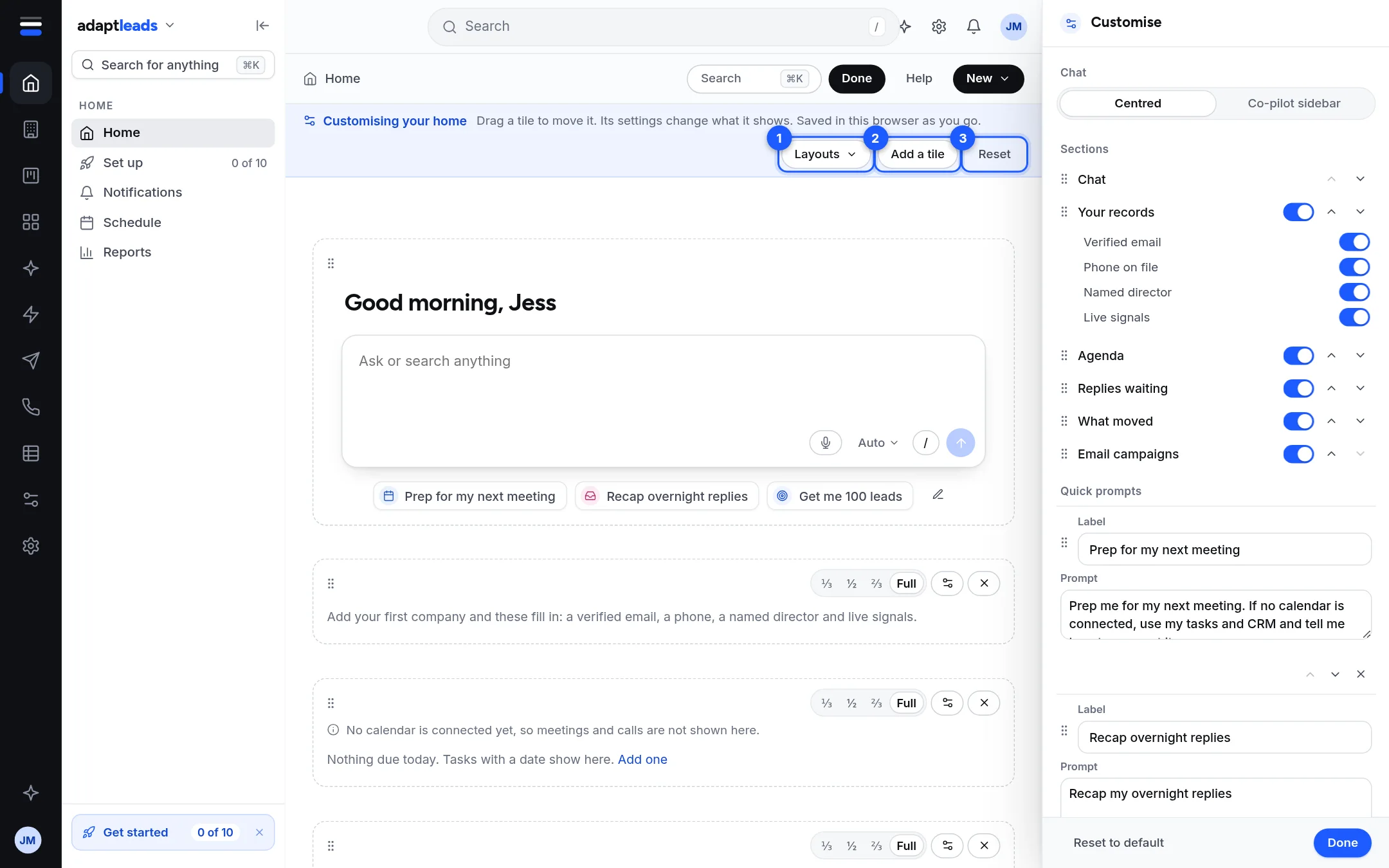 Home in Customise mode with the layout bar