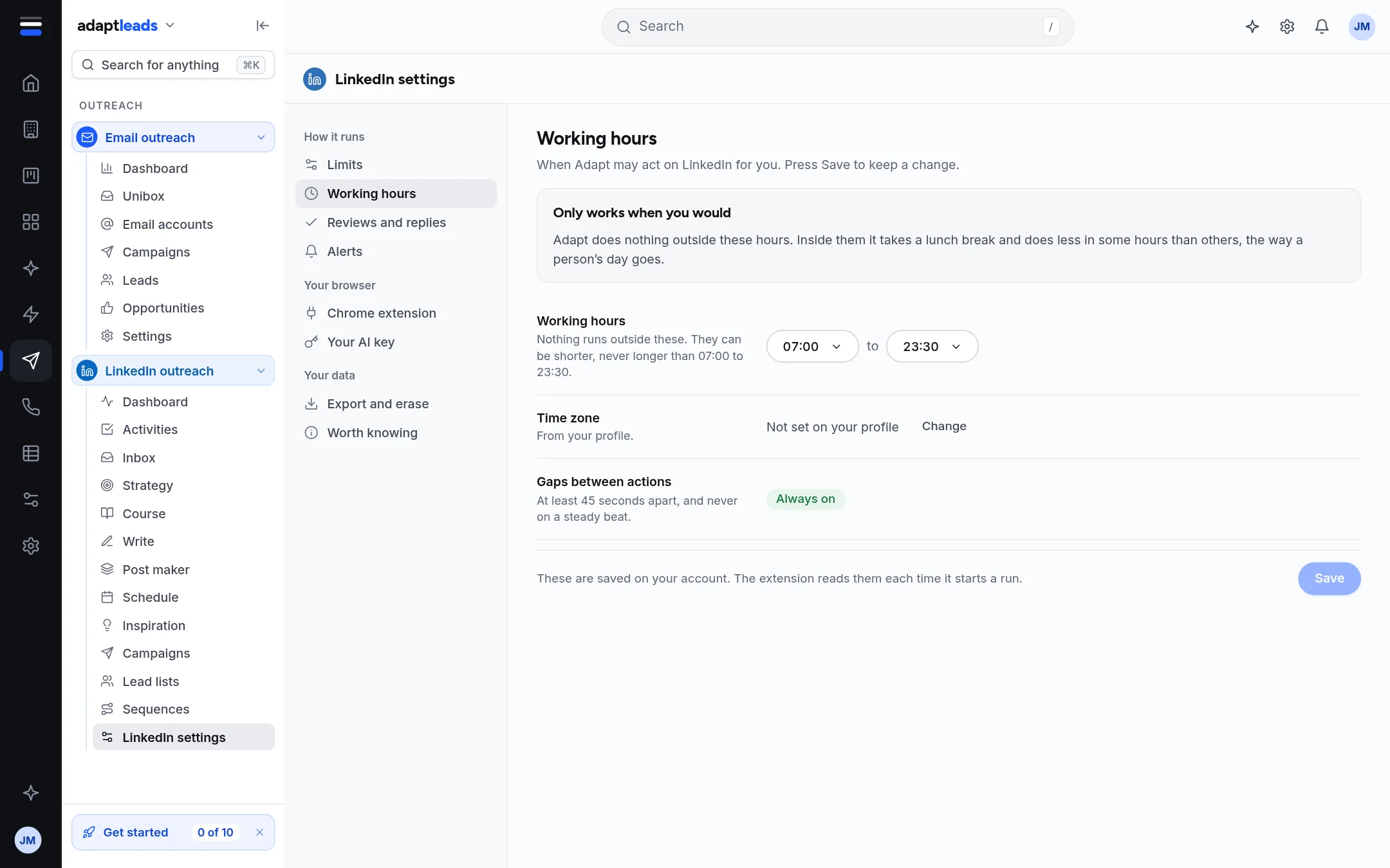 LinkedIn settings, Working hours section