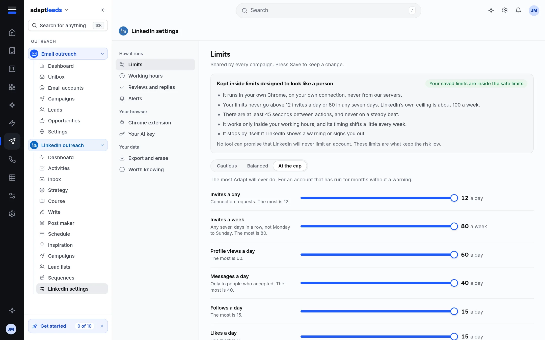 LinkedIn settings, Limits section, with Cautious, Balanced and At the cap and six sliders