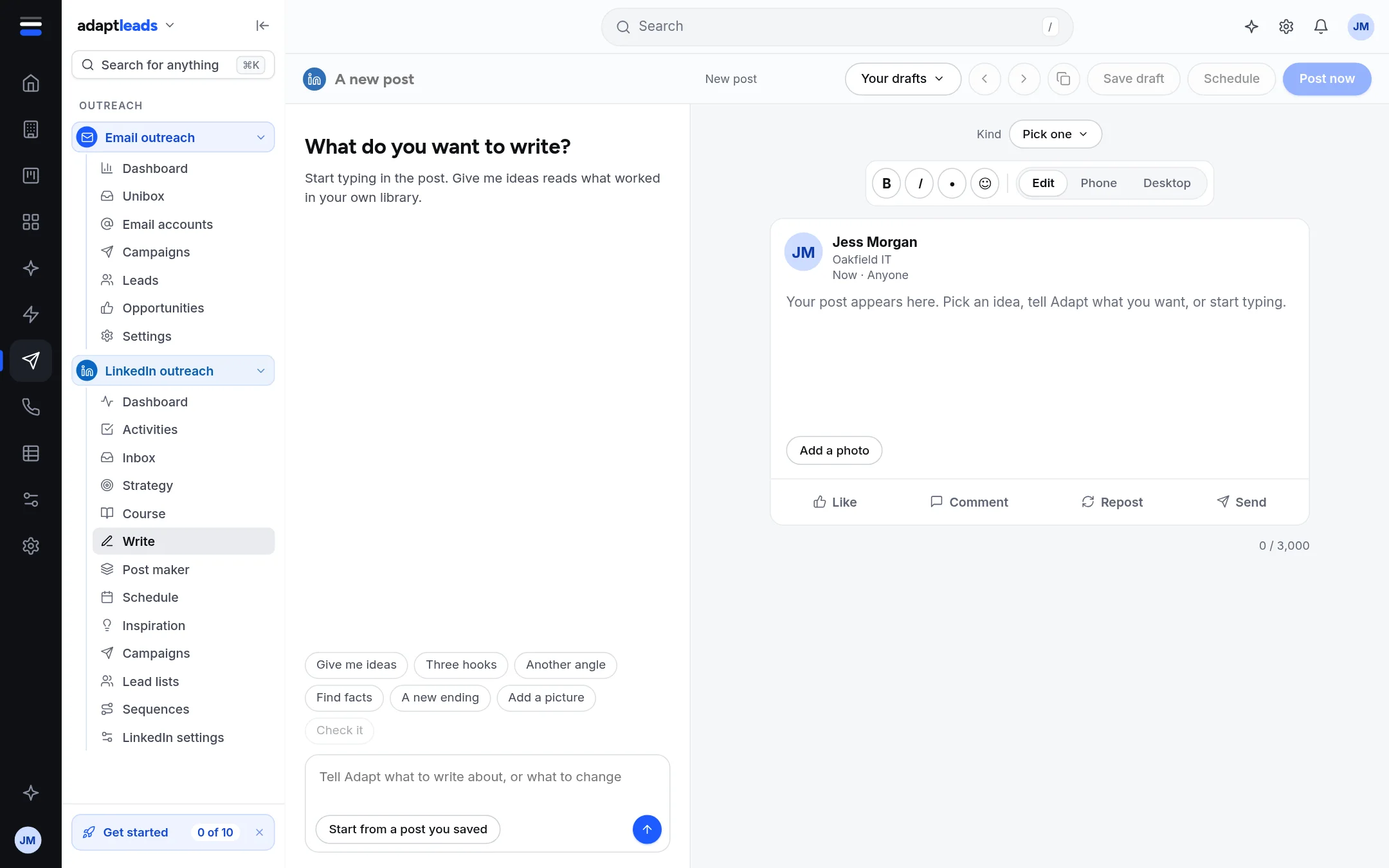 The Write page with an empty post, preview buttons and a row of idea buttons