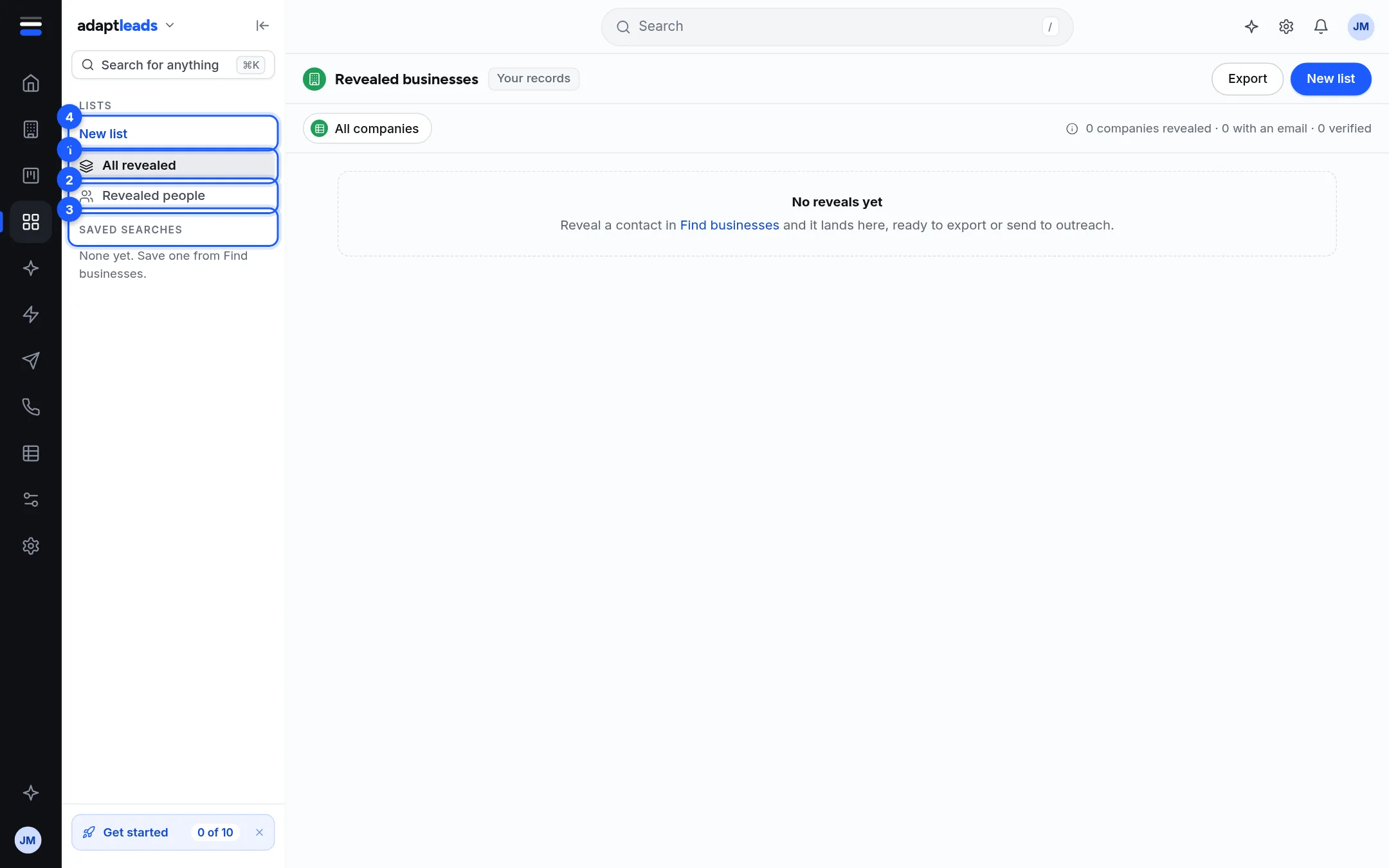 The Lists area on a new account: the left panel with All revealed, Revealed people and Saved searches, and an empty table