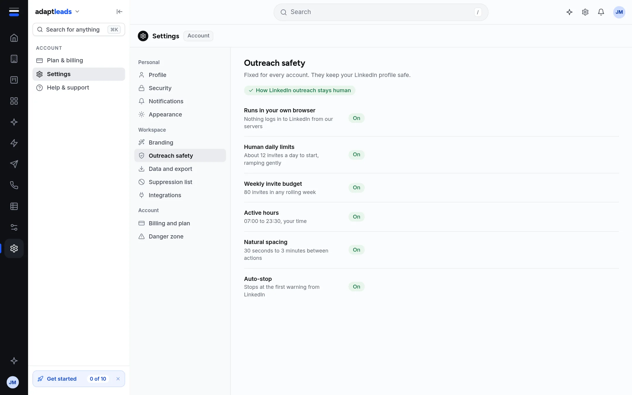 Settings, Outreach safety section