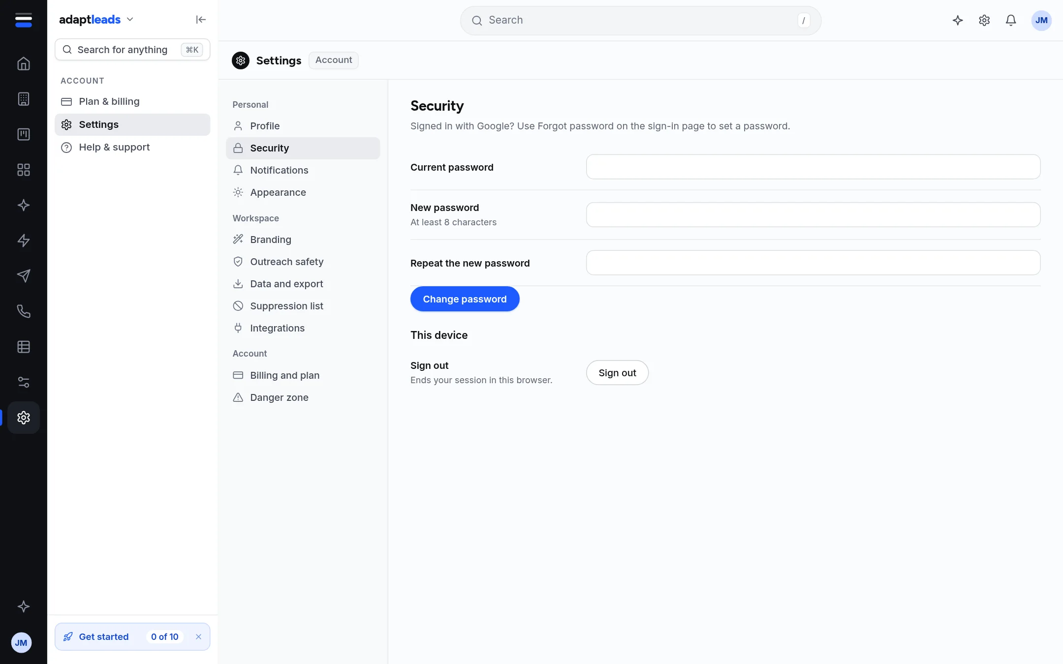 Settings, Security section