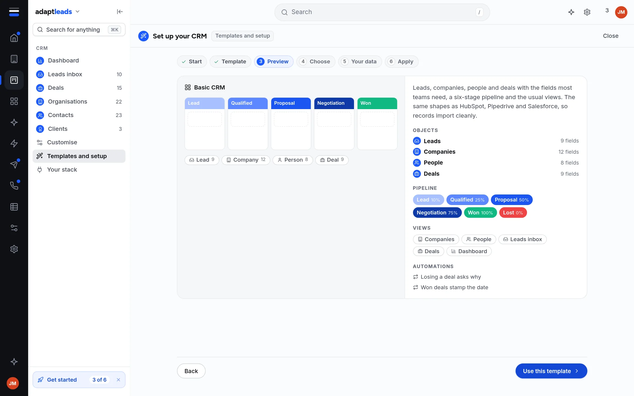 The preview of the Basic CRM template showing its objects, pipeline and views